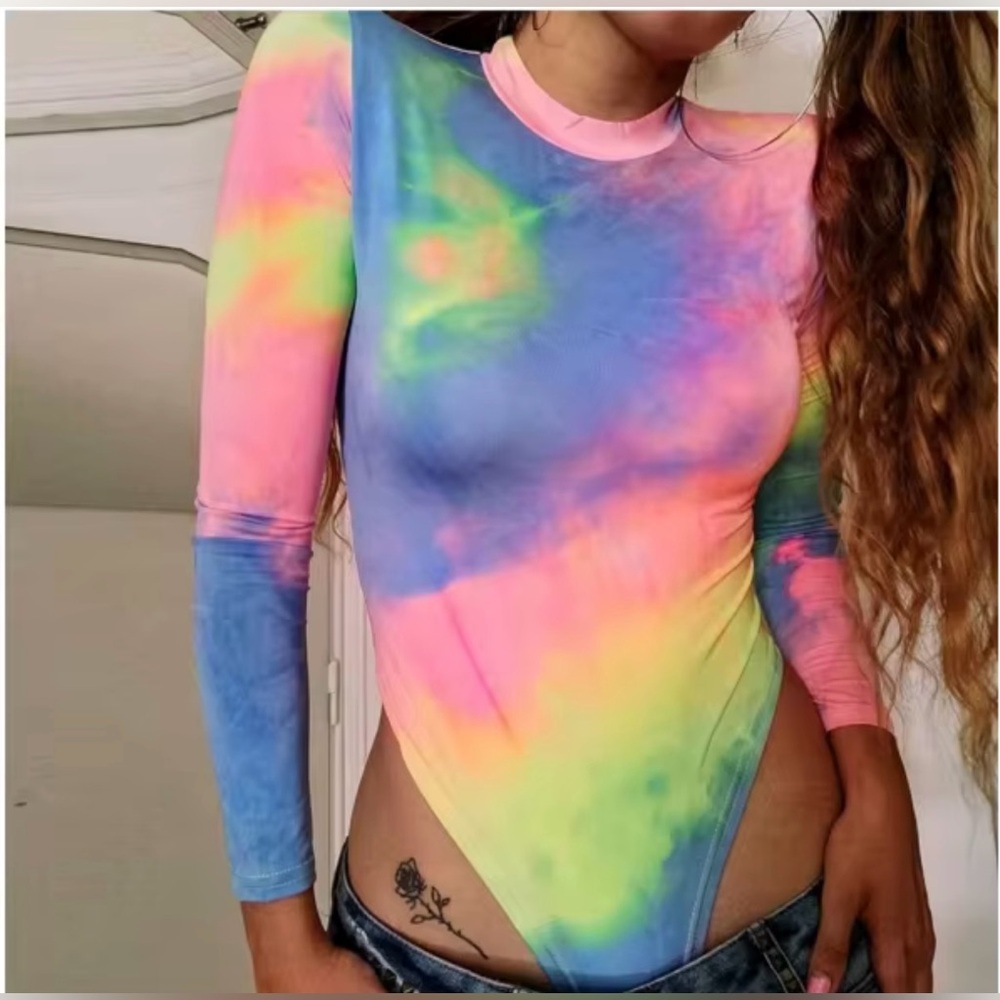 New Long Sleeve Turtleneck Tie Dye Skinny Bodysuit